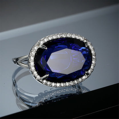 Navy Crystal and Cubic Zirconia Oval-Cut Ring, statement rings for women, vintage-inspired design, detail close-up