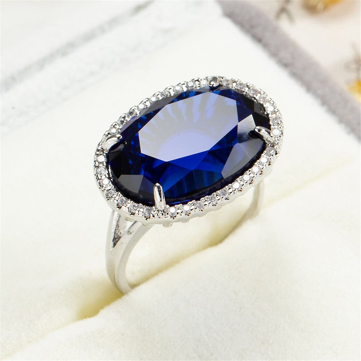 Navy Crystal and Cubic Zirconia Oval-Cut Ring, statement rings for women, vintage-inspired design, side view