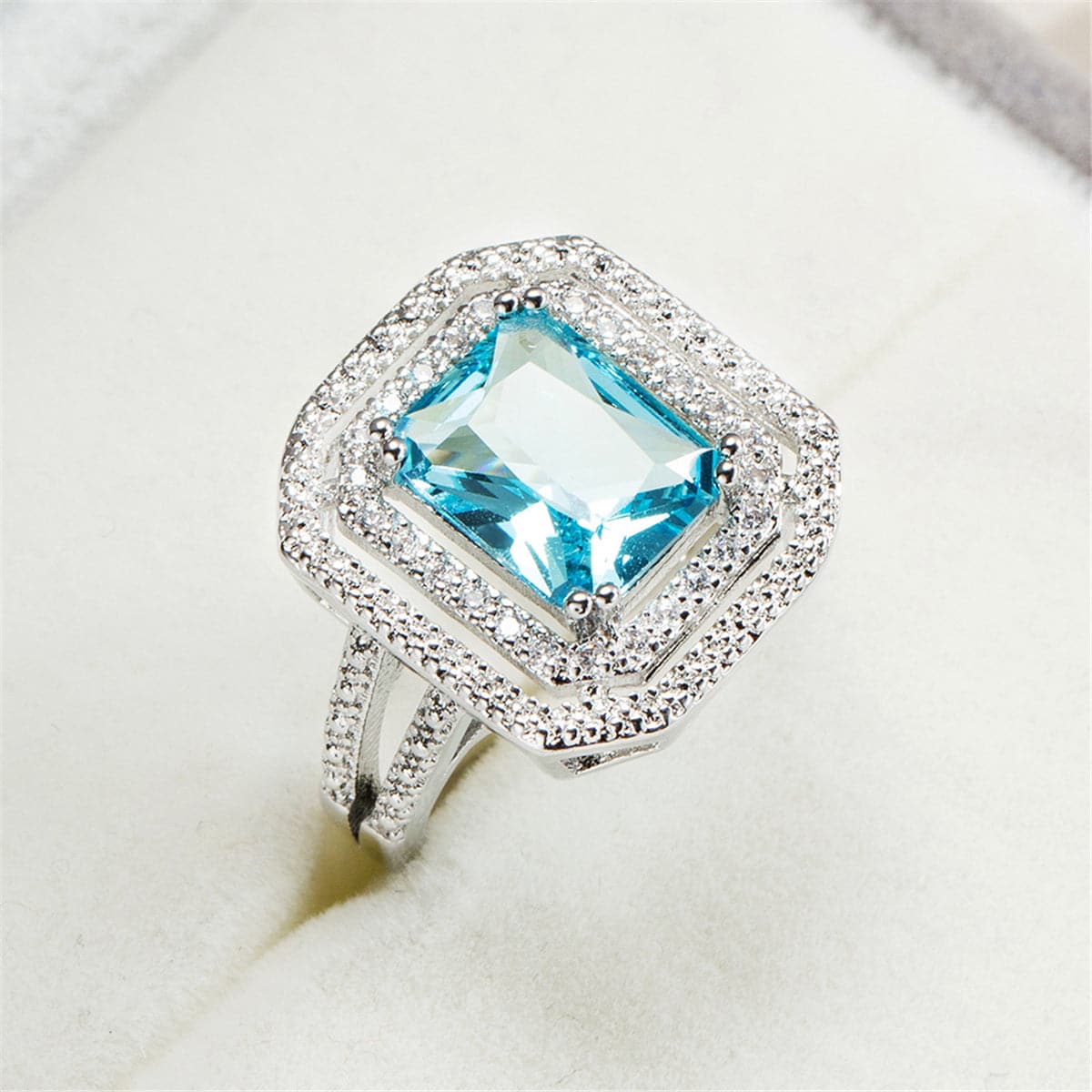Sea Blue Crystal and Cubic Zirconia Cushion-Cut Pavé Ring, statement rings for women, botanical inspired, detail close-up