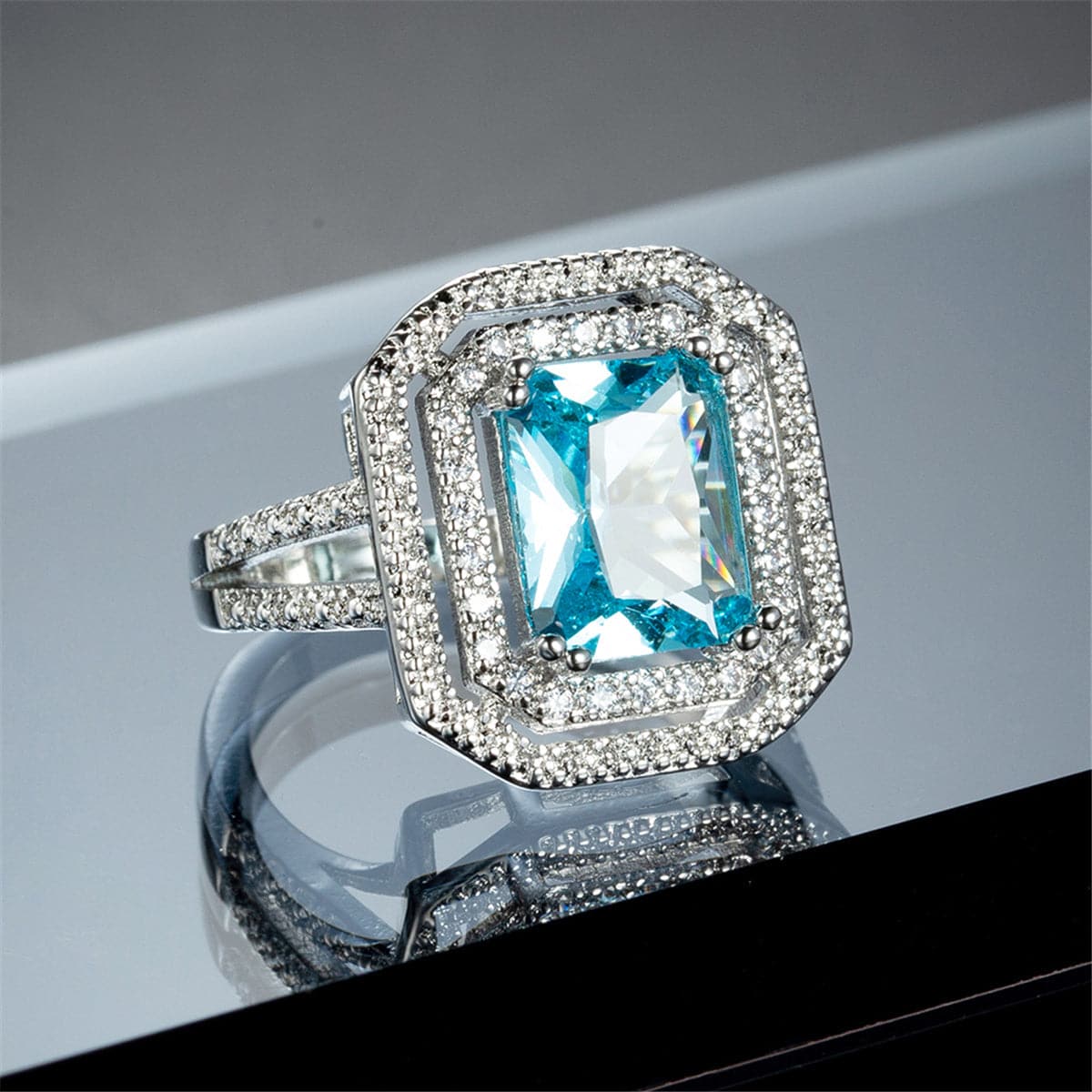 Sea Blue Crystal and Cubic Zirconia Cushion-Cut Pavé Ring, statement rings for women, botanical inspired, lifestyle look