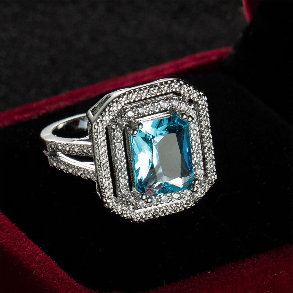 Sea Blue Crystal and Cubic Zirconia Cushion-Cut Pavé Ring, statement rings for women, botanical inspired, styled look