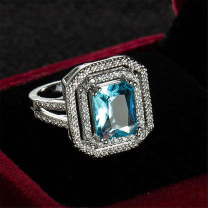 Sea Blue Crystal and Cubic Zirconia Cushion-Cut Pavé Ring, statement rings for women, botanical inspired, styled look