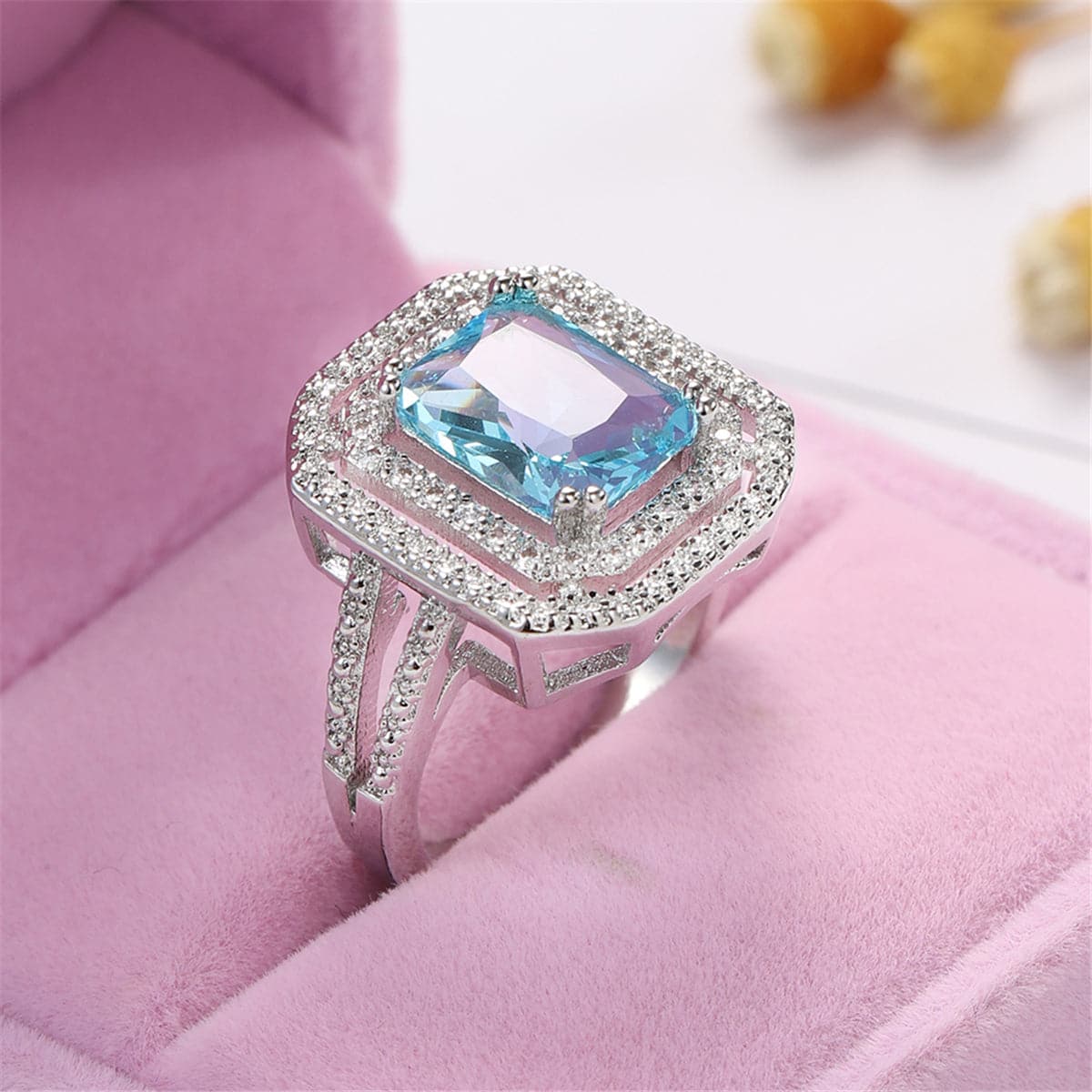 Sea Blue Crystal and Cubic Zirconia Cushion-Cut Pavé Ring, statement rings for women, botanical inspired, side view