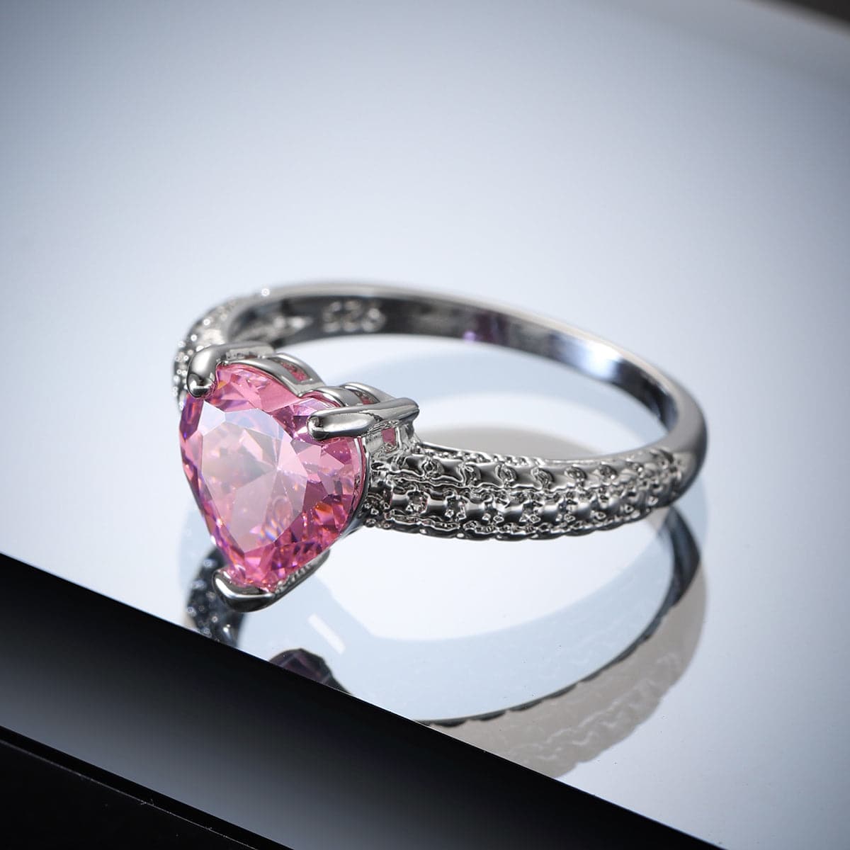 Pink Crystal and Silver-Plated Heart Ring, silver statement rings for women, vintage-inspired design, detail close-up