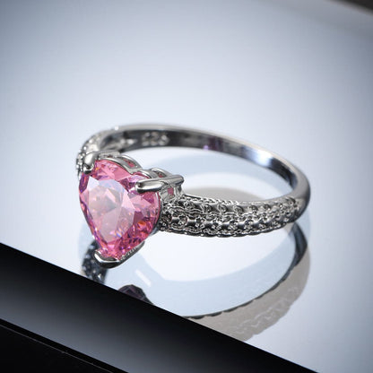 Pink Crystal and Silver-Plated Heart Ring, silver statement rings for women, vintage-inspired design, detail close-up