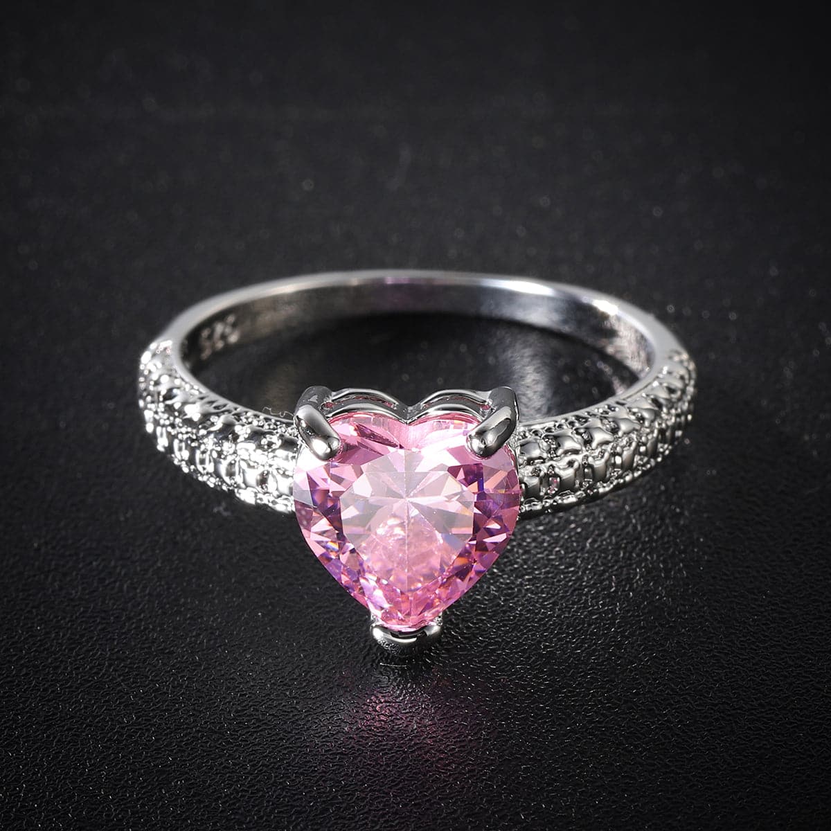Pink Crystal and Silver-Plated Heart Ring, silver statement rings for women, vintage-inspired design, lifestyle look
