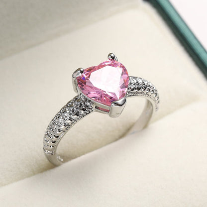 Pink Crystal and Silver-Plated Heart Ring, silver statement rings for women, vintage-inspired design, side view