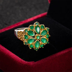 Green Crystal & 18K Gold-Plated Flower Ring