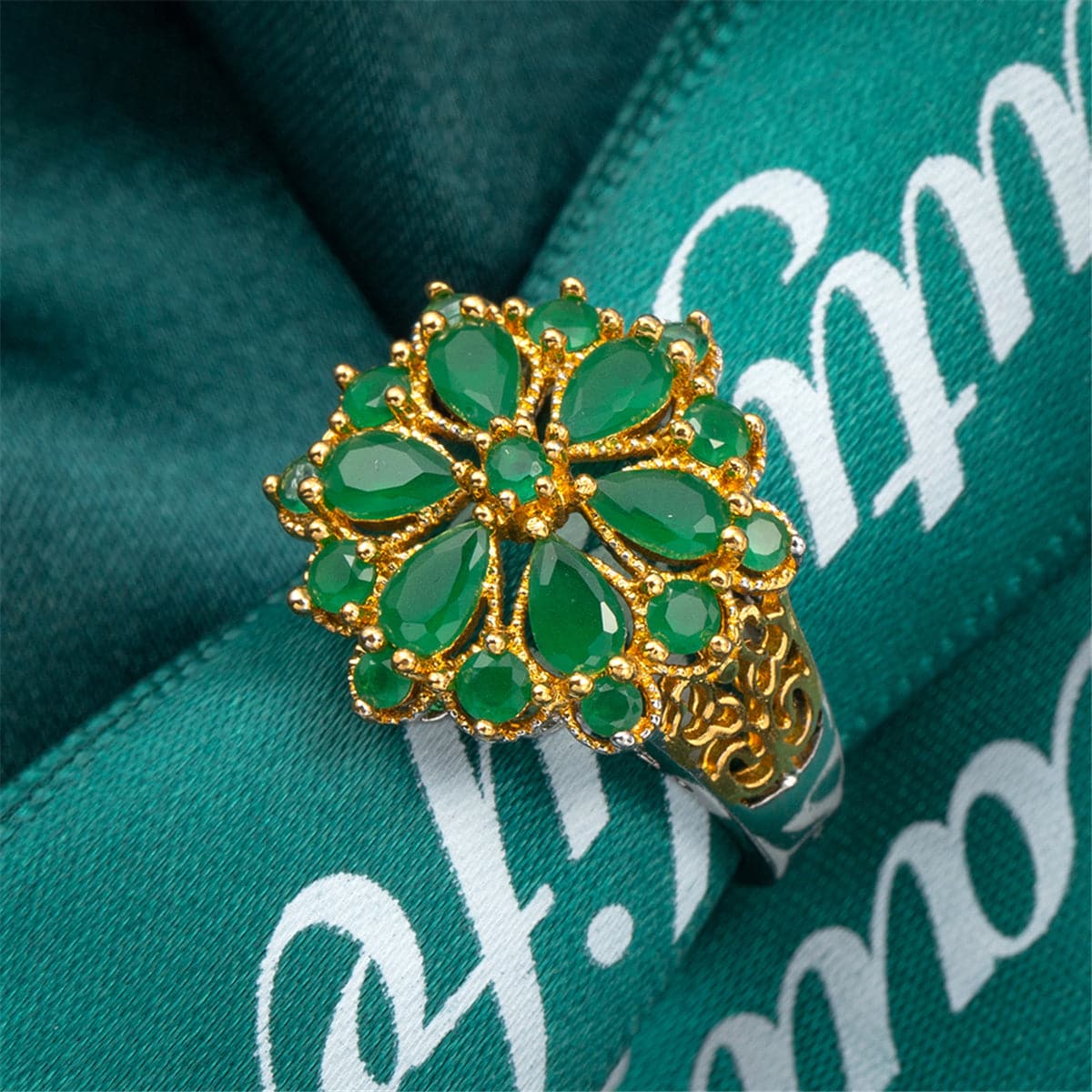 Green Crystal and 18K Gold-Plated Flower Ring, gold statement rings for women, dainty minimalist design, side view