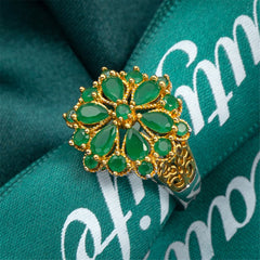 Green Crystal & 18K Gold-Plated Flower Ring