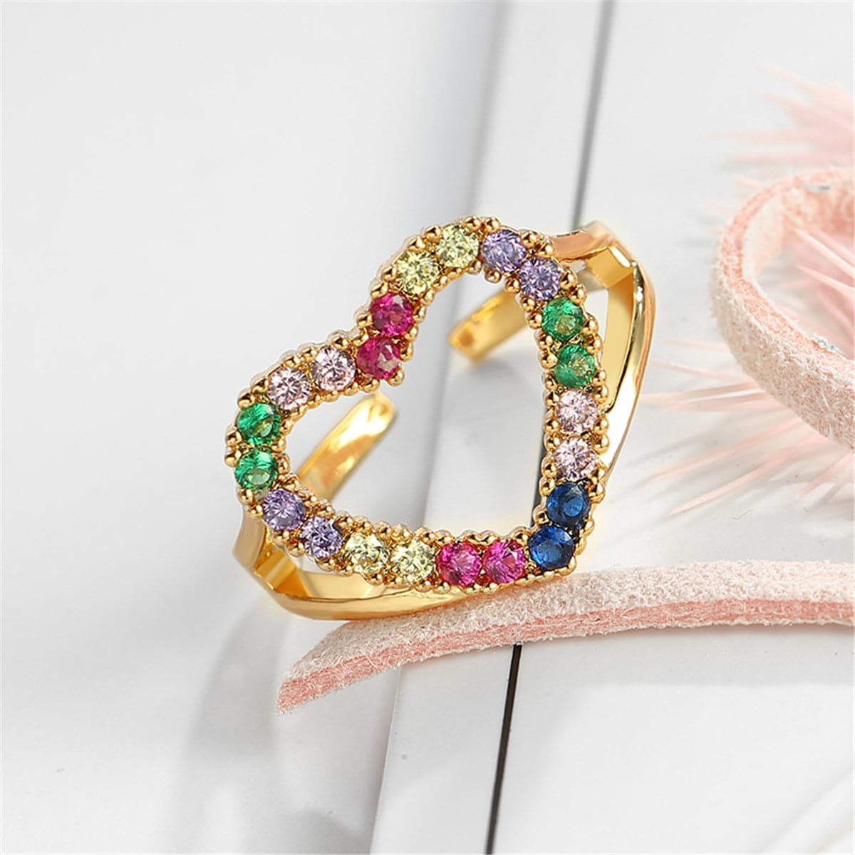 Cubic Zirconia and 18K Gold-Plated Open Heart Ring, gold statement rings for women, botanical inspired, detail close-up