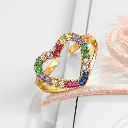 Cubic Zirconia and 18K Gold-Plated Open Heart Ring, gold statement rings for women, botanical inspired, detail close-up