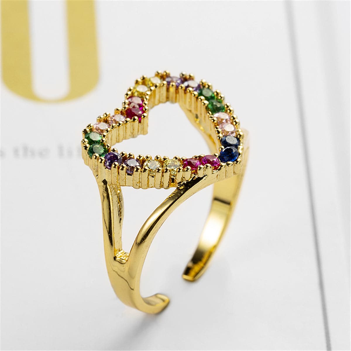 Cubic Zirconia and 18K Gold-Plated Open Heart Ring, gold statement rings for women, botanical inspired, lifestyle look