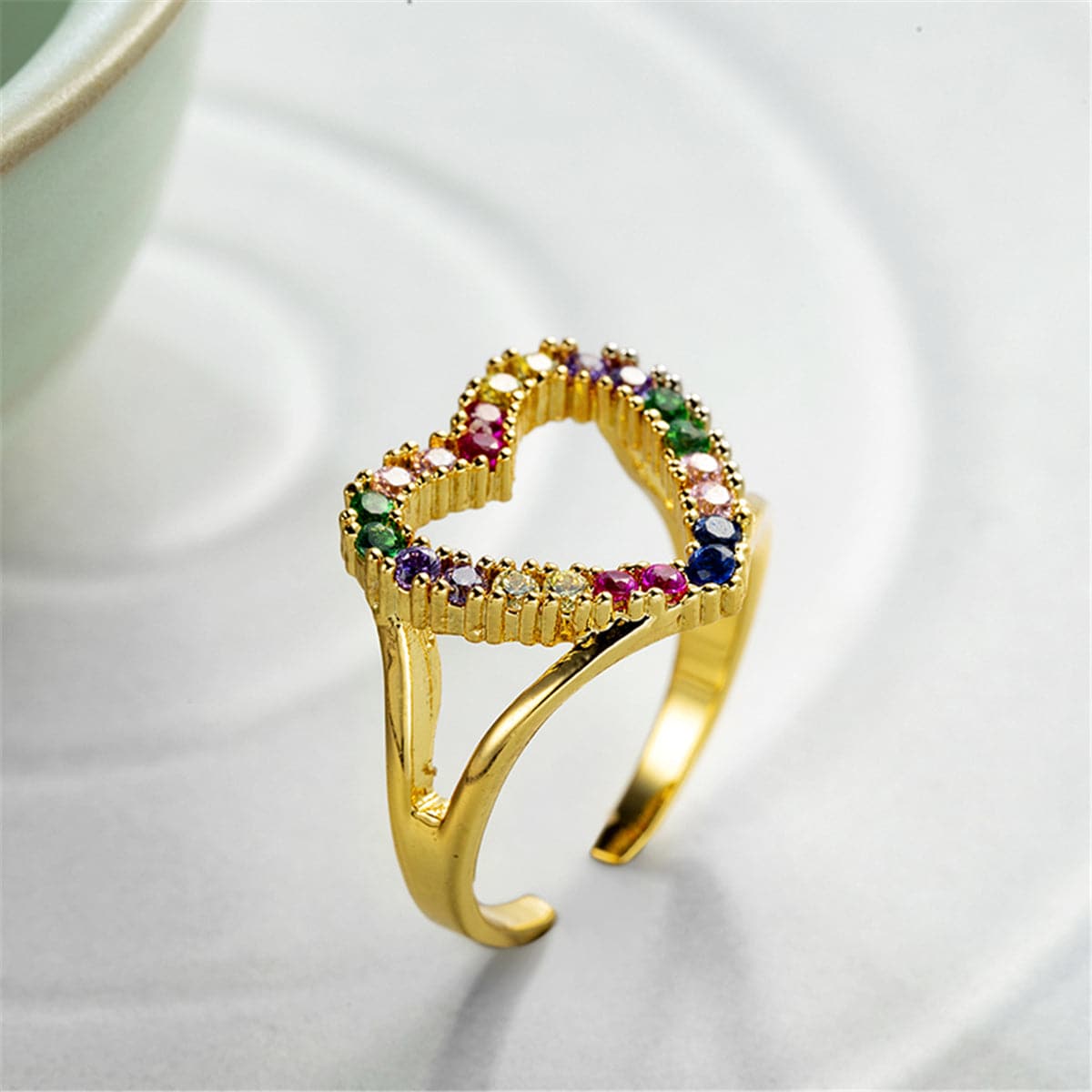Cubic Zirconia and 18K Gold-Plated Open Heart Ring, gold statement rings for women, botanical inspired, side view