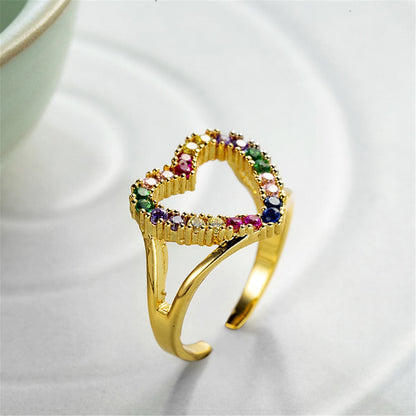 Cubic Zirconia and 18K Gold-Plated Open Heart Ring, gold statement rings for women, botanical inspired, side view