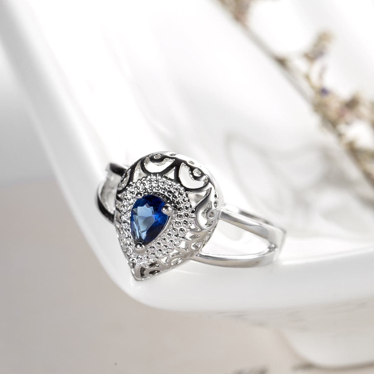 Navy Crystal & Silver-Plated Pear Ring