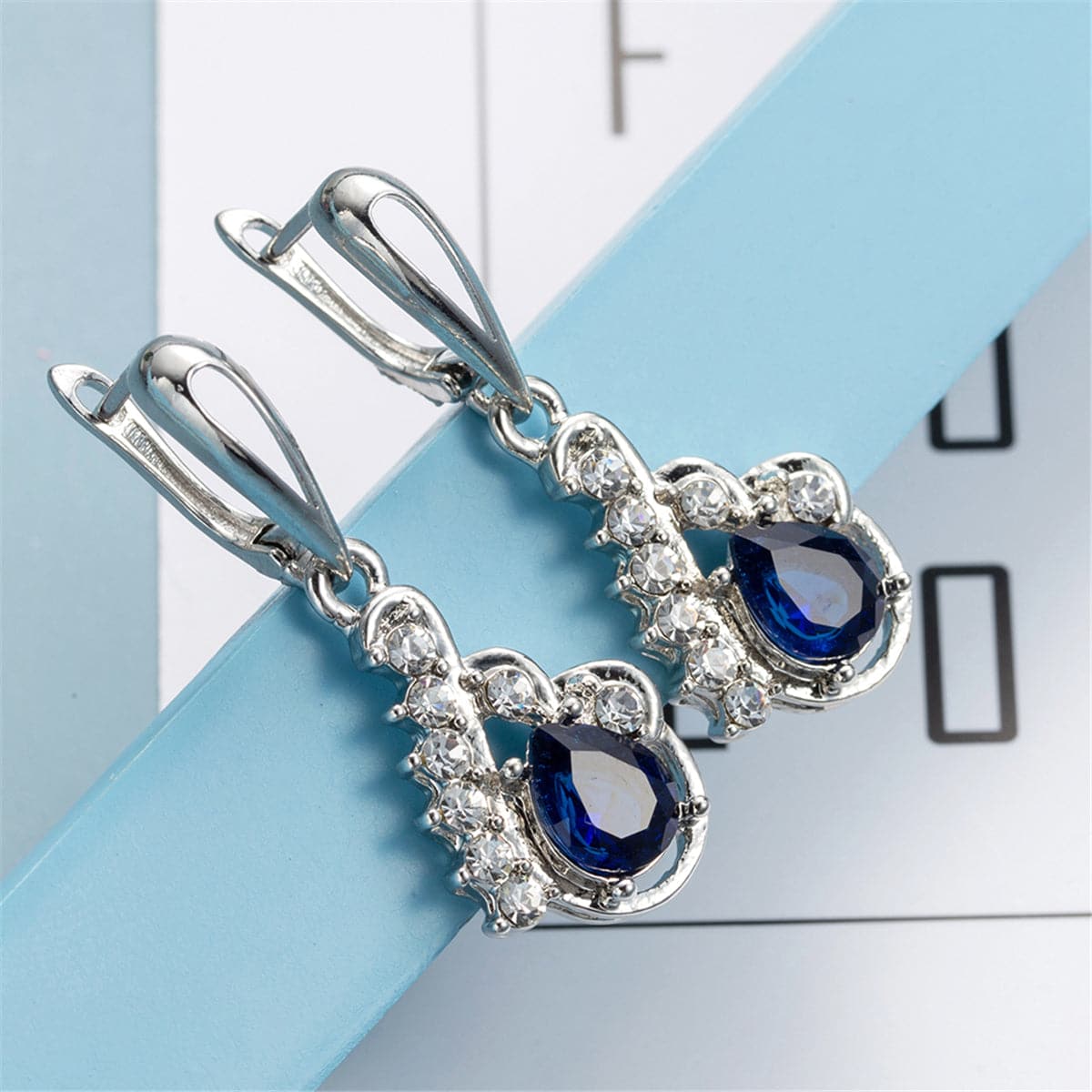 Navy Crystal & Silver-Plated Pear-Shaped Drop Earrings