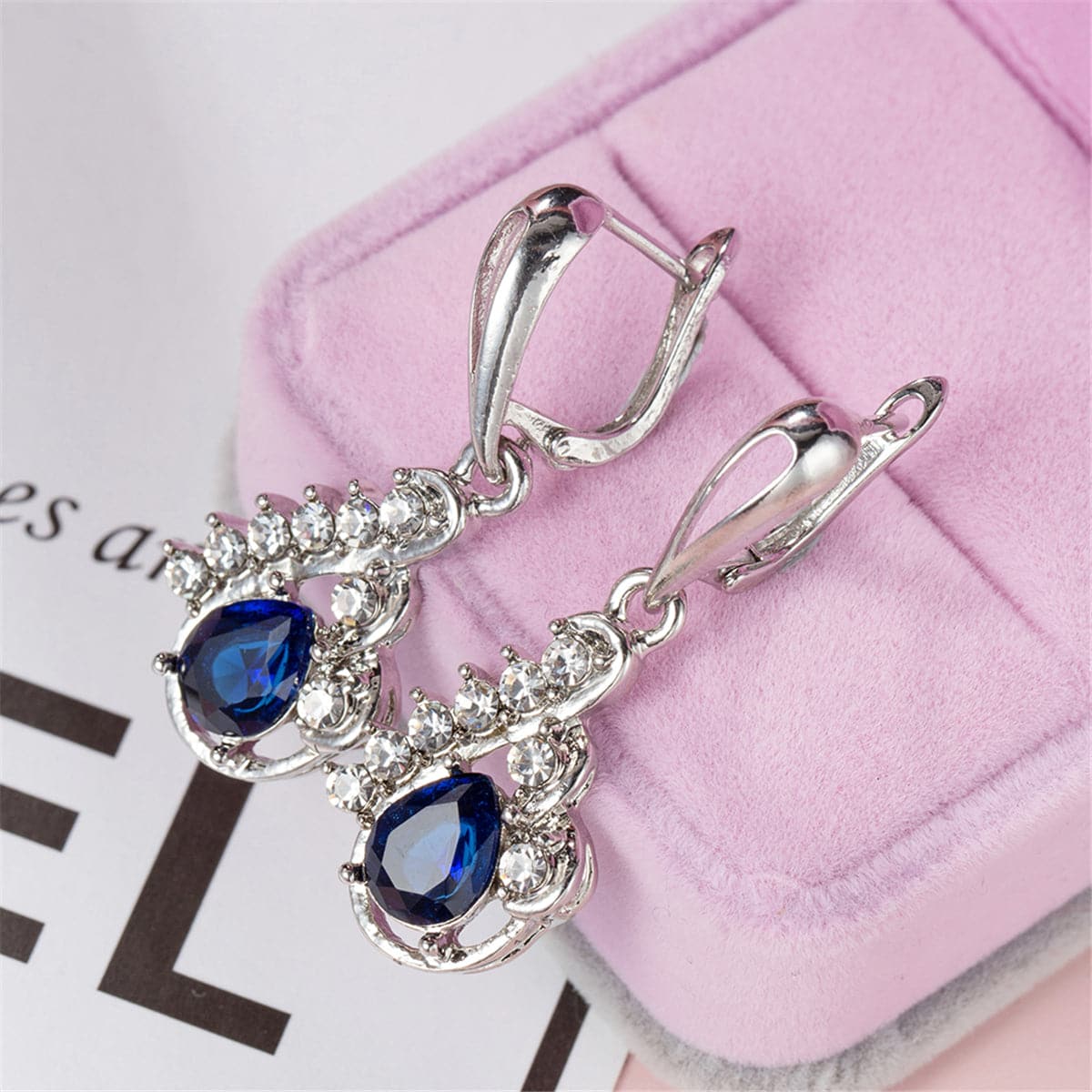 Navy Crystal & Silver-Plated Pear-Shaped Drop Earrings