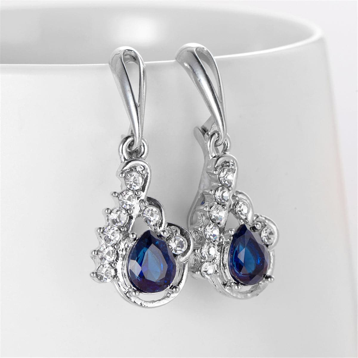 Navy Crystal & Silver-Plated Pear-Shaped Drop Earrings