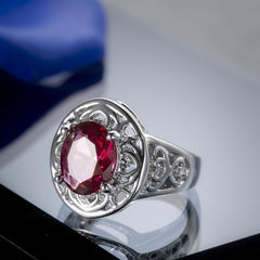 Red Crystal & Silver-Plated Openwork Oval Ring