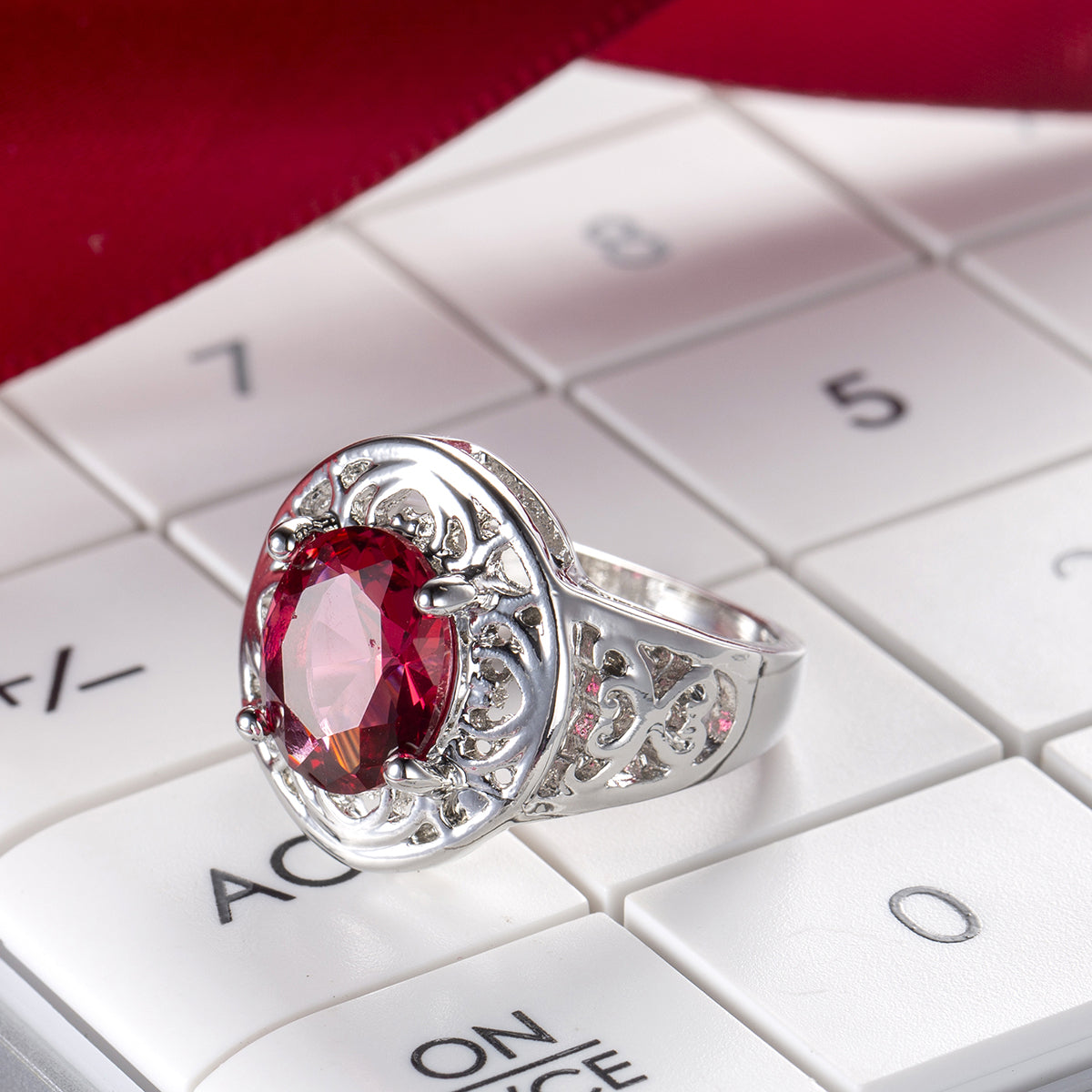 Red Crystal & Silver-Plated Openwork Oval Ring