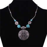 Simulated Turquoise & Silver-Plated Floral Plate Pendant Necklace
