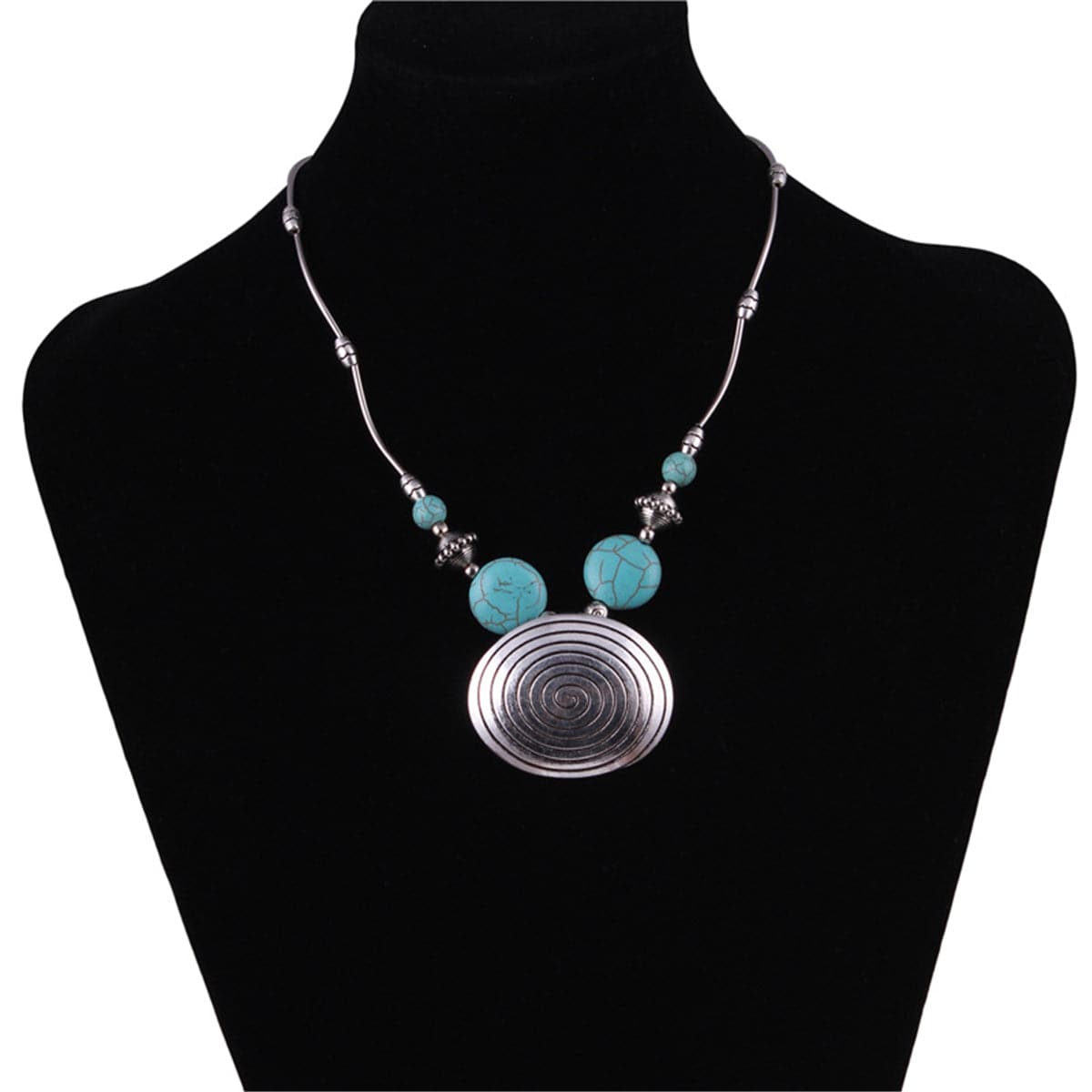 Turquoise & Silver-Plated Oval Pendant Necklace