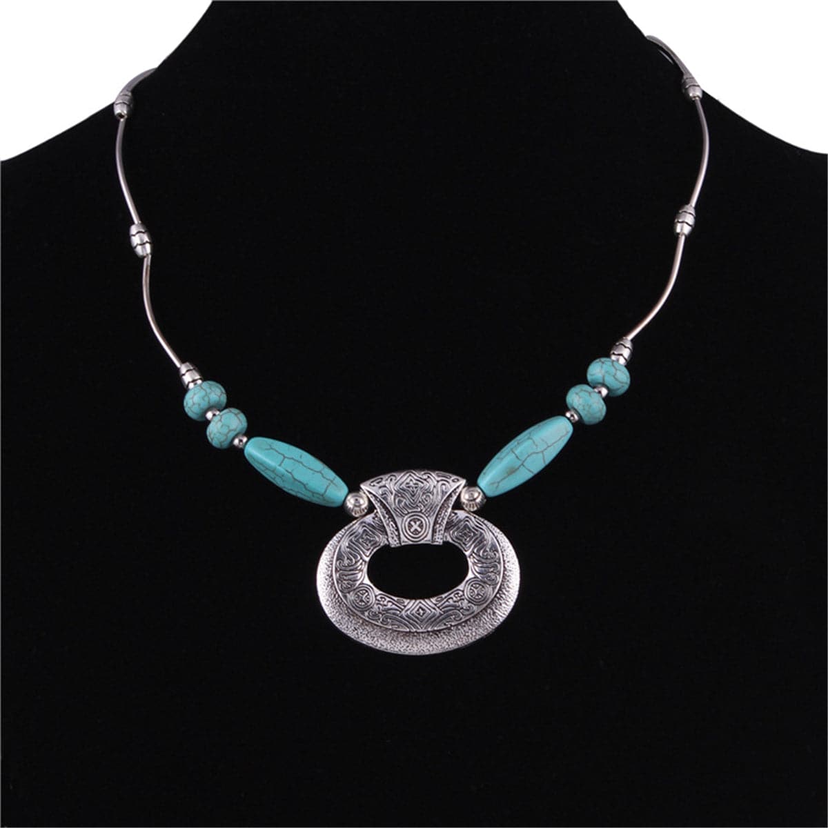 Turquoise & Silver-Plated Geometric Pendant Necklace