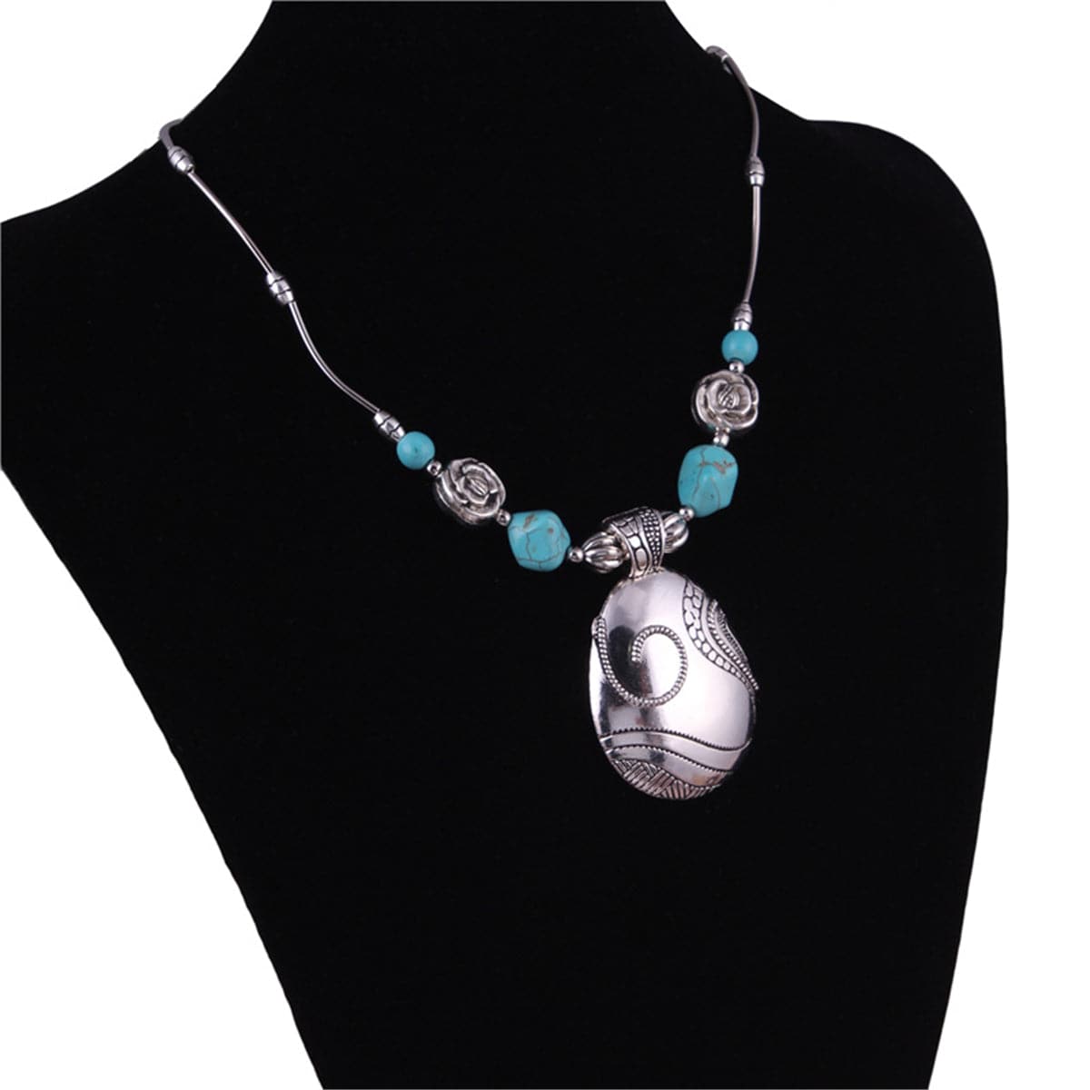 Turquoise & Silver-Plated Floral Teardrop Necklace