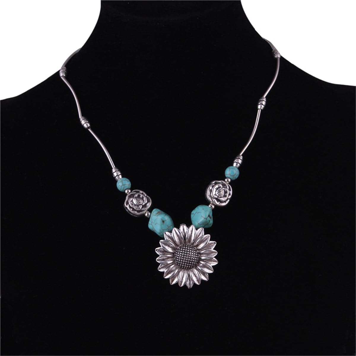 Turquoise & Silver-Plated Sunflower Pendant Necklace