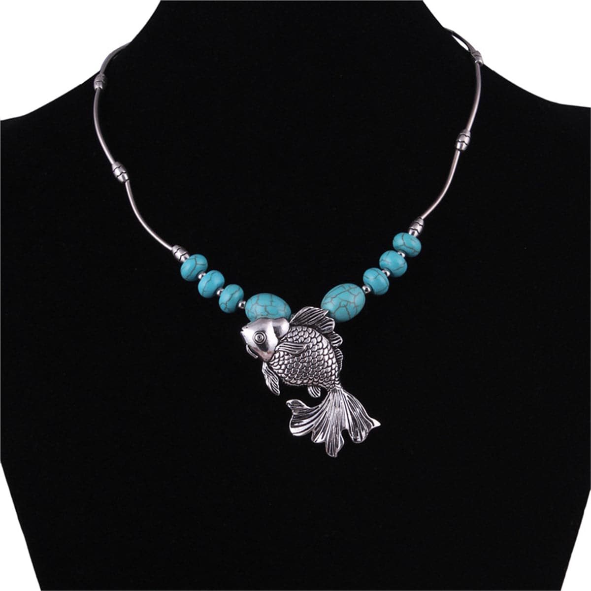 Turquoise & Silver-Plated Fish Pendant Necklace
