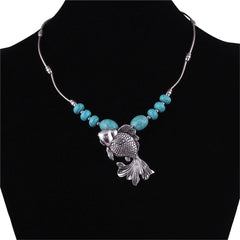 Turquoise & Silver-Plated Fish Pendant Necklace