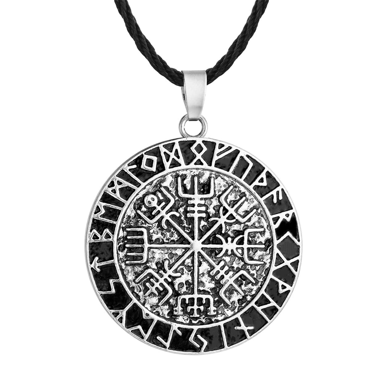 Silver-Plated & Black Compass Pendant Necklace