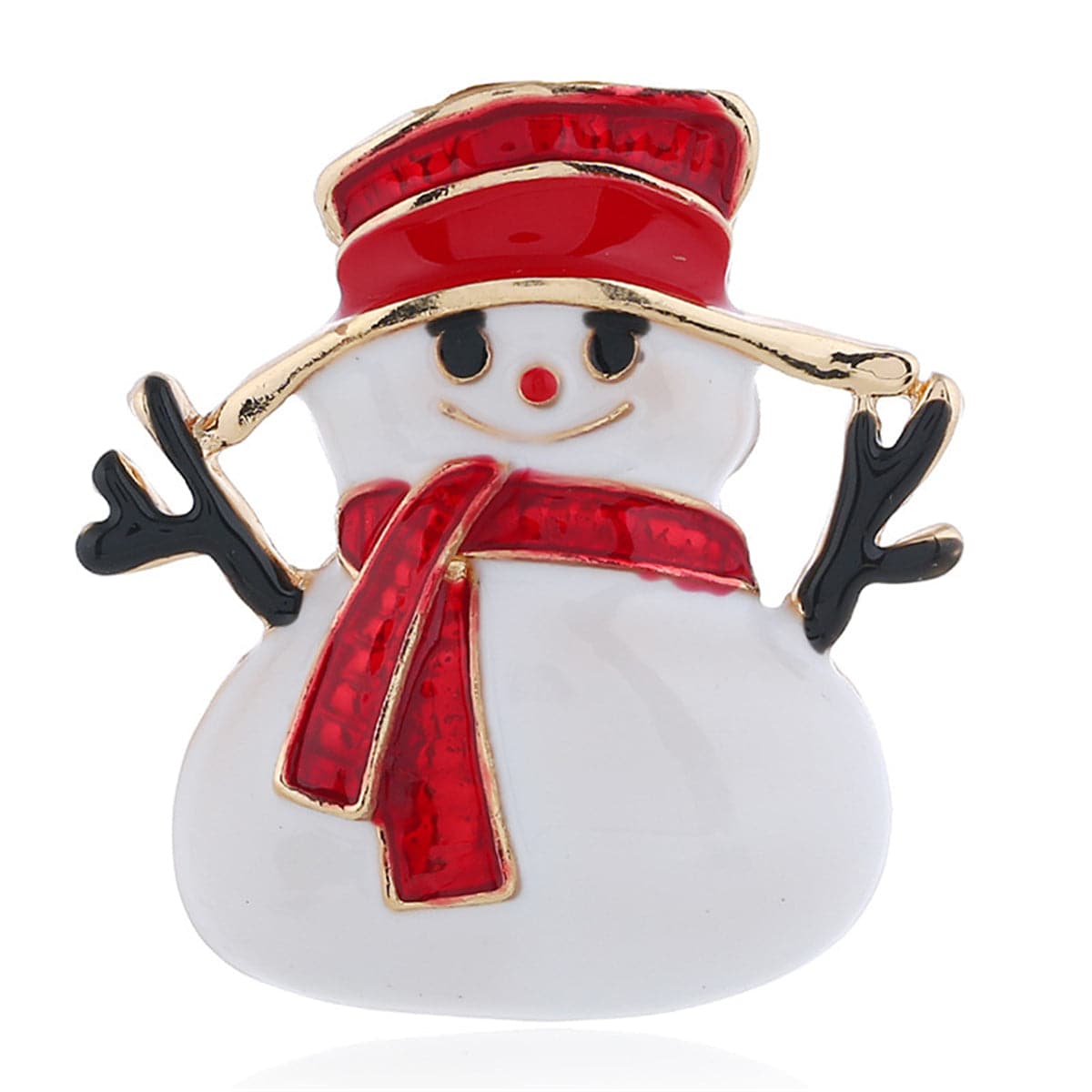 Red and 18K Gold-Plated Snowman Brooch, gold brooch pin, botanical inspired, side view