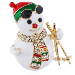 Cubic Zirconia & 18K Gold-Plated Skiing Snowman Brooch