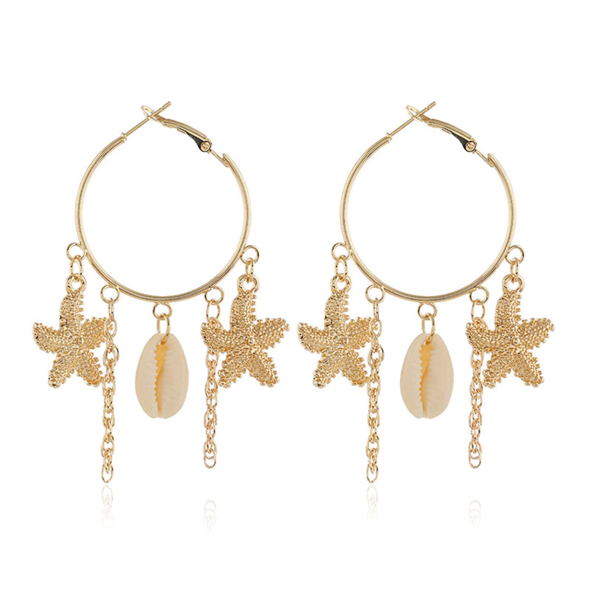 18K Gold-Plated Star and Shell Charm Hoop Earrings, gold drop earrings for women, vintage-inspired design, front view
