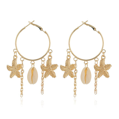 18K Gold-Plated Star and Shell Charm Hoop Earrings, gold drop earrings for women, vintage-inspired design, front view