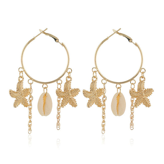 18K Gold-Plated Star and Shell Charm Hoop Earrings, gold drop earrings for women, vintage-inspired design, front view