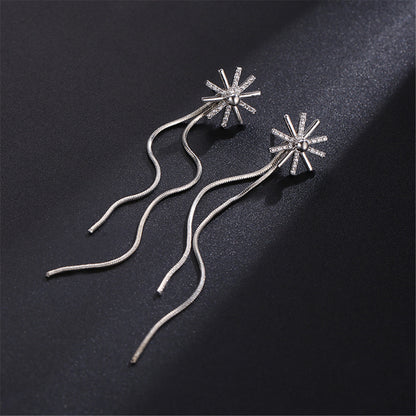 Cubic Zirconia and Silver-Plated Snowflake Tassel Ear Cuffs and Dangling Charm, silver drop earrings for..., detail close-up
