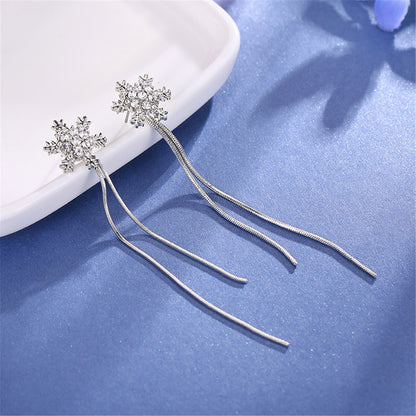 Cubic Zirconia and Silver-Plated Snowflake Tassel Drop Earrings, silver drop earrings for women, front view