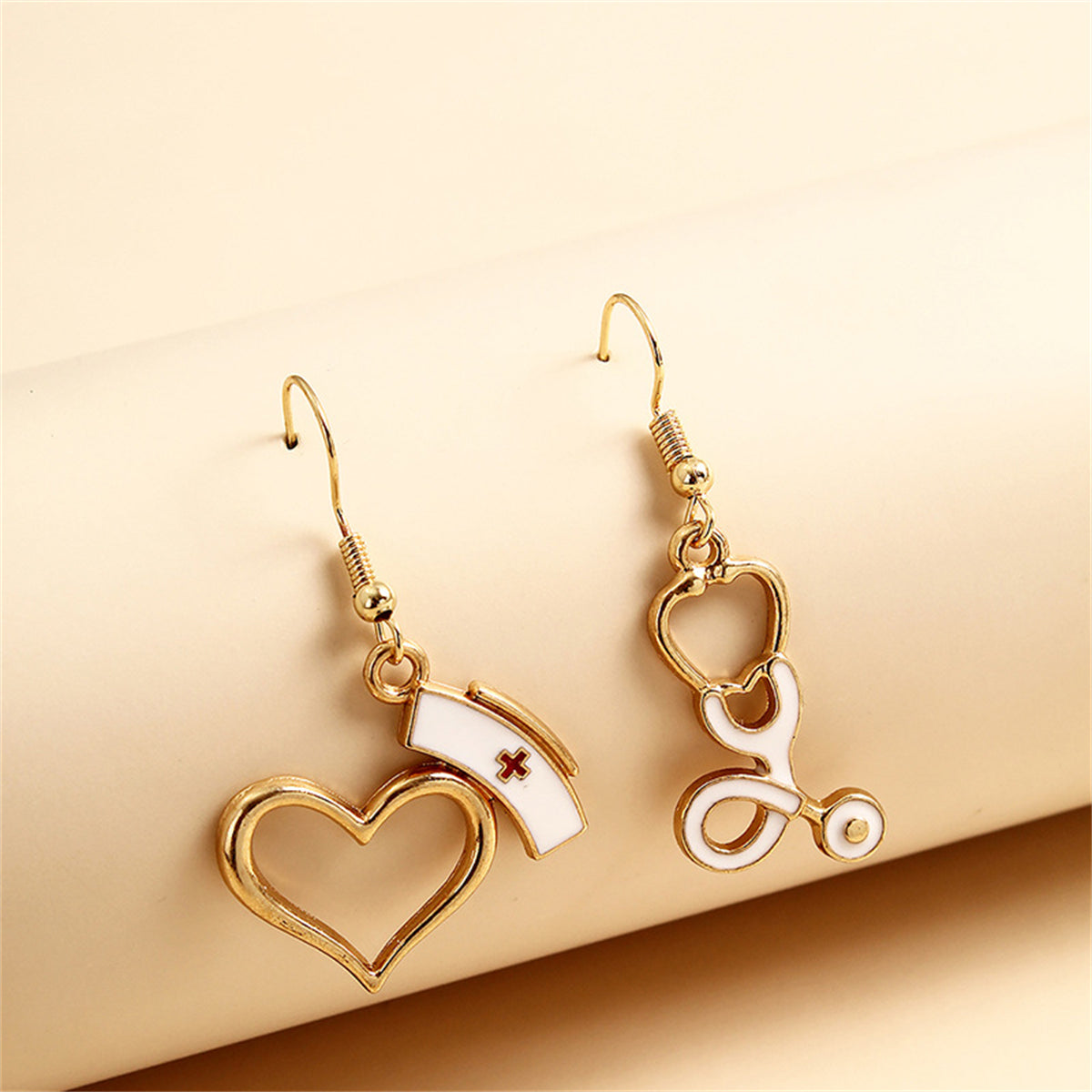 Enamel and 18K Gold-Plated Nurse Cap and Stethoscope Drop Earrings, gold drop earrings for women, front view
