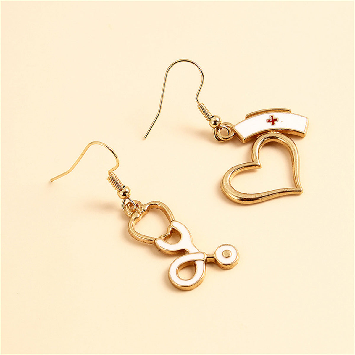 Enamel and 18K Gold-Plated Nurse Cap and Stethoscope Drop Earrings, gold drop earrings for women, lifestyle look