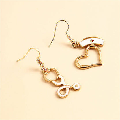 Enamel and 18K Gold-Plated Nurse Cap and Stethoscope Drop Earrings, gold drop earrings for women, lifestyle look