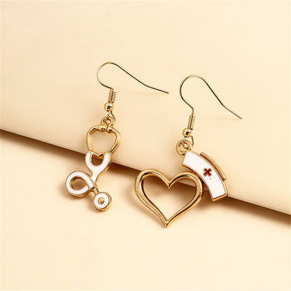 Enamel and 18K Gold-Plated Nurse Cap and Stethoscope Drop Earrings, gold drop earrings for women, side view