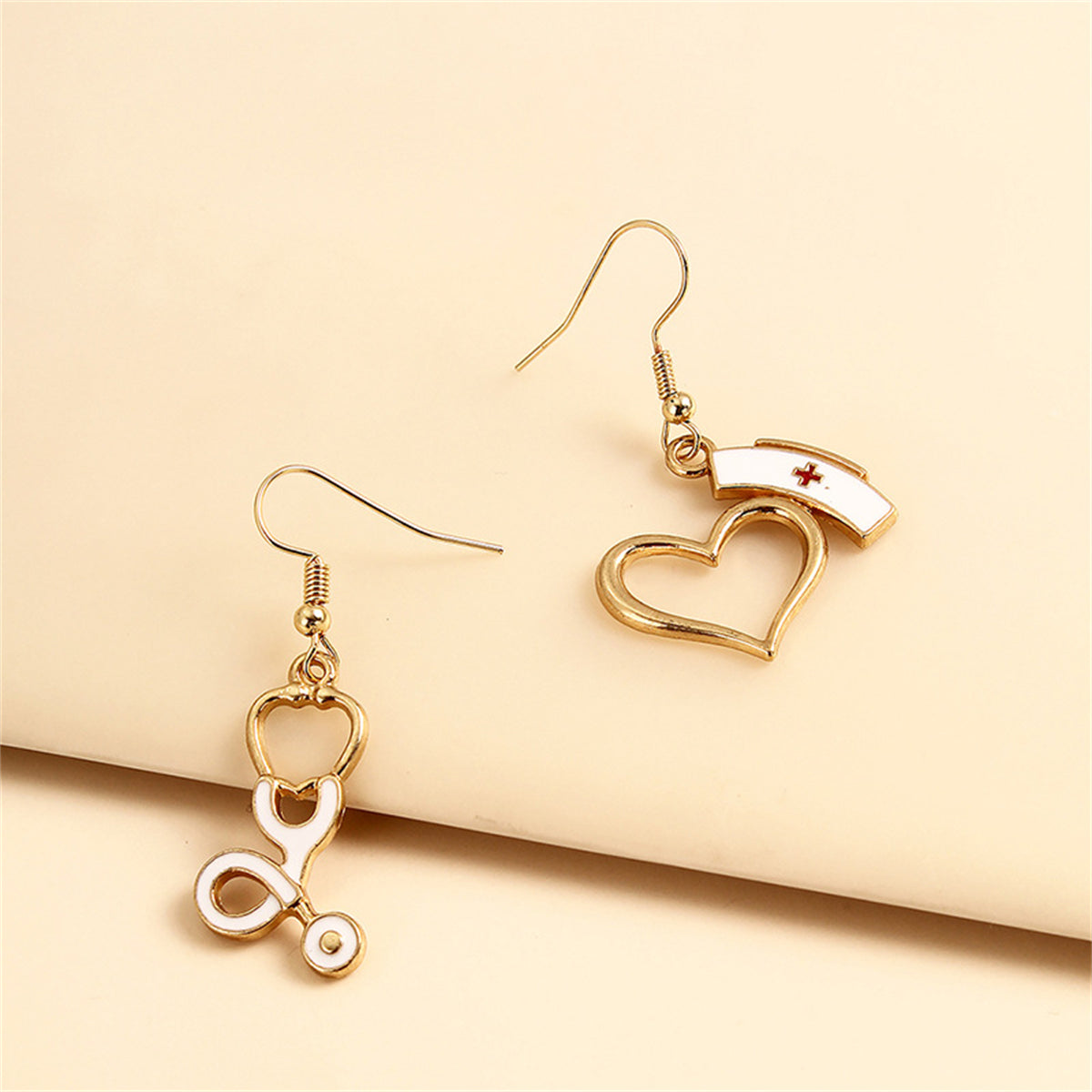 Enamel and 18K Gold-Plated Nurse Cap and Stethoscope Drop Earrings, gold drop earrings for women, detail close-up