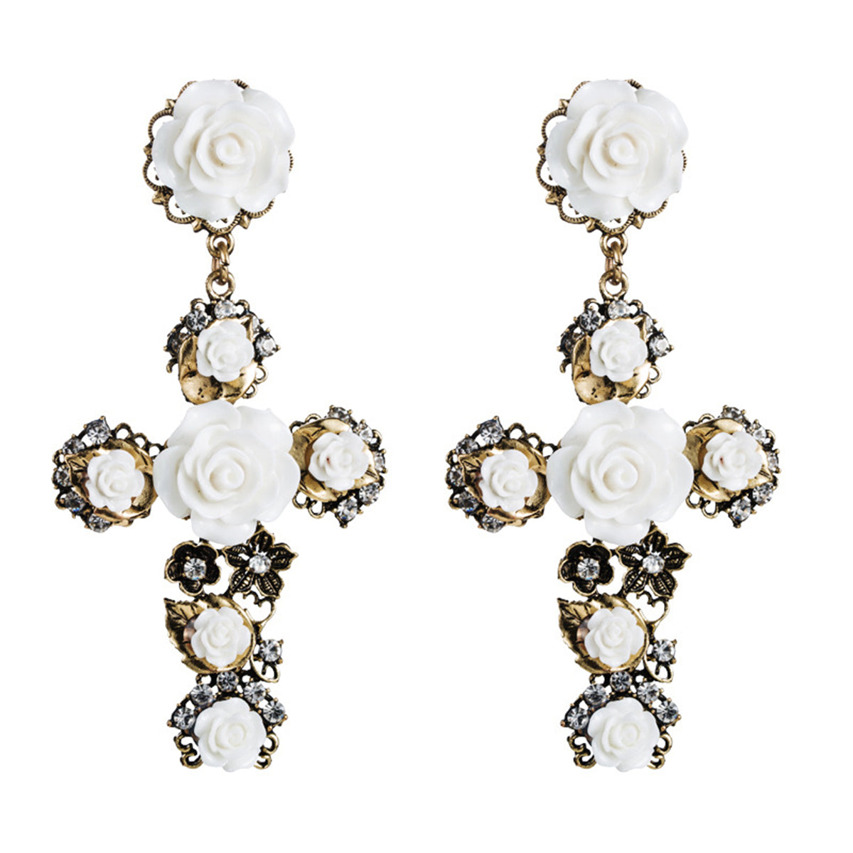 White Resin & Cubic Zirconia Rose Cross Drop Earrings