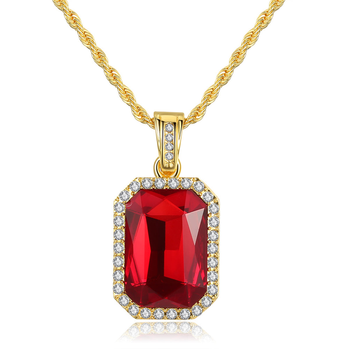 Striking red crystal pendant with diamond accents on a gold chain, offering a touch of elegance to any outfit.