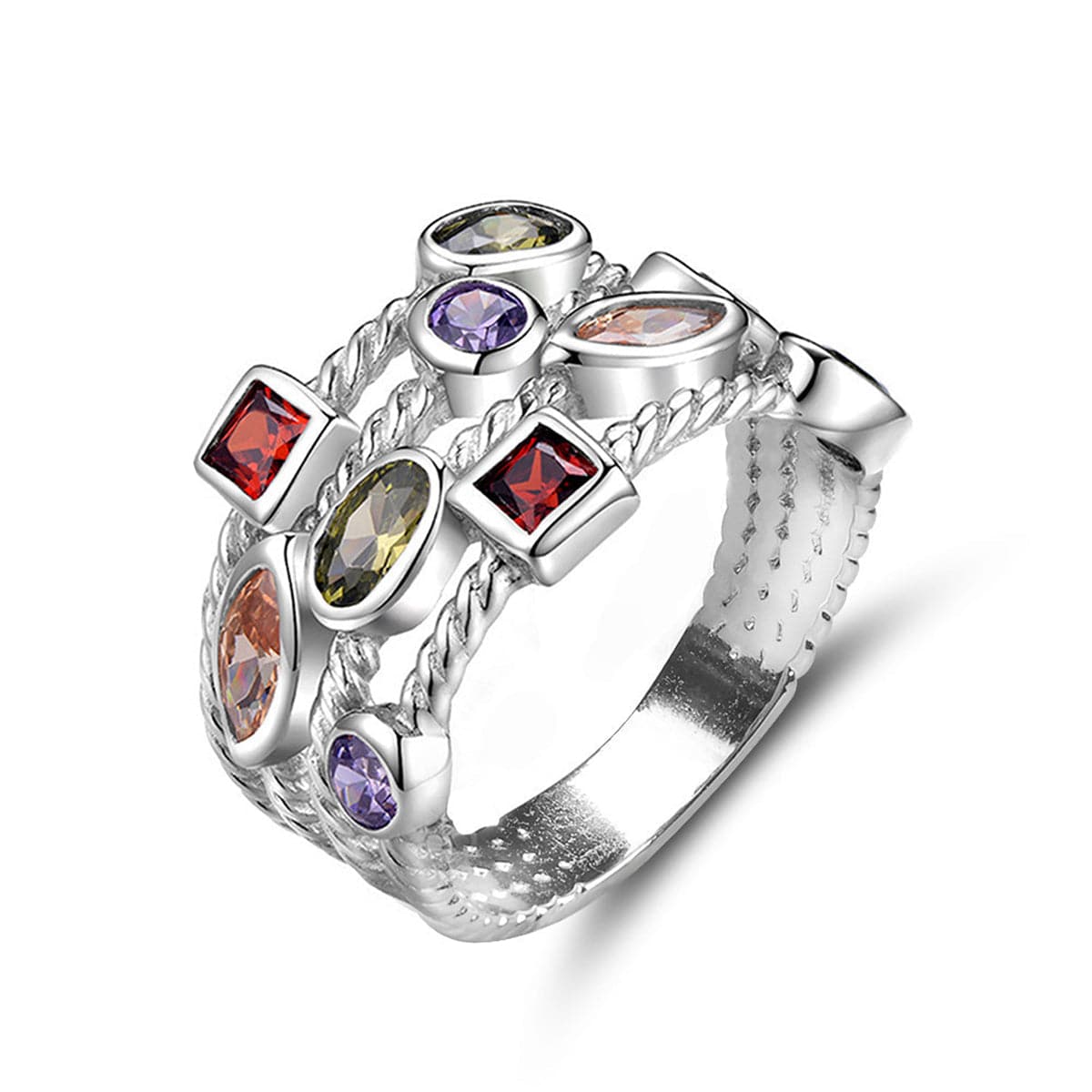 Multicolor Crystal & Silver-Plated Geometry Band Ring