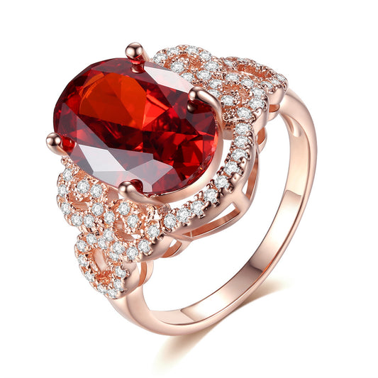18K Rose Gold-Plated and Red Crystal Ring, rose gold statement rings for women, elegant gift for her, front view