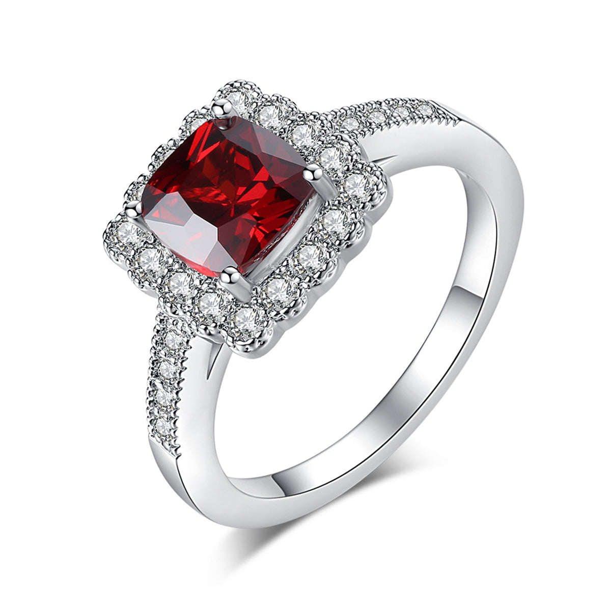 Red Crystal and Cubic Zirconia Cushion-Cut Hola Ring, statement rings for women, vintage-inspired design, side view
